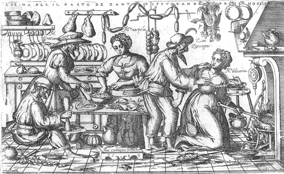 Giovanni Ambrogio Brambilla, Cuisine du repas de noce de "Jean Tripe" 1583, Rome, Biblioteca e Raccolta Teatrale de Burcado